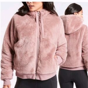 ATHLETA Pink Faux Fur Hooded Ritual Bomber Jacket L